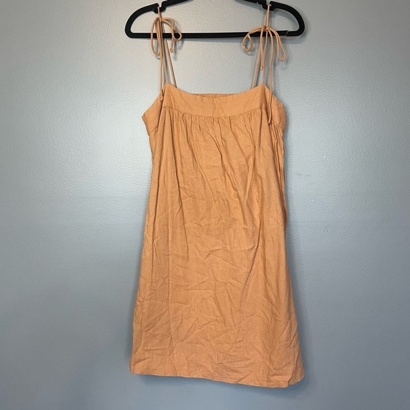 Abercrombie & Fitch Linen Tie Strap Trapeze Mini Dress Cut out back melon - Picture 5 of 15